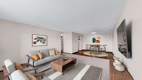 A living room with a grey sofa, a coffee table, and a television.