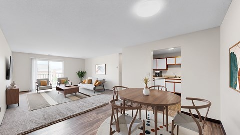 A living room with a brown table and chairs.