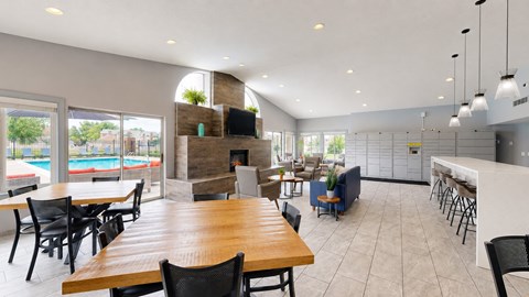 A modern dining room with a wooden table and chairs.