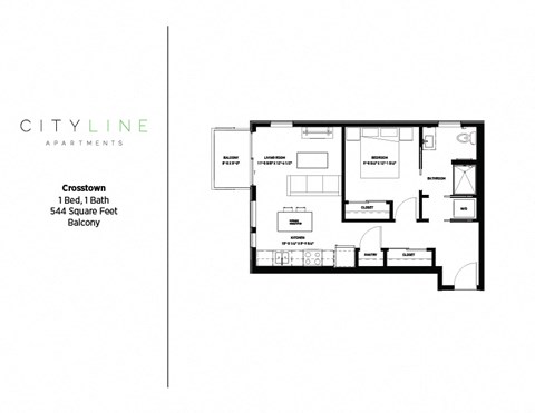 1 bedroom 1 bathroom Crosstown Floor Plan at CityLine Apartments, Minnesota, 55406