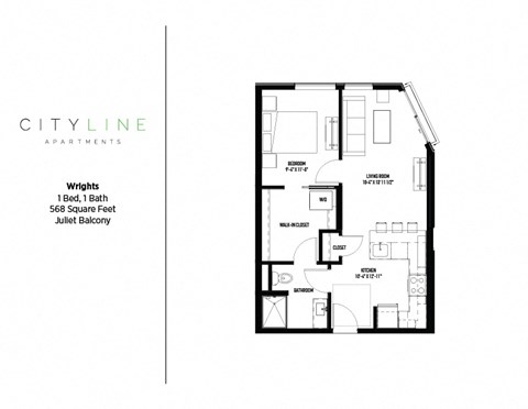 1 bedroom 1 bathroom Wrights Floor Plan at CityLine Apartments, Minneapolis, Minnesota