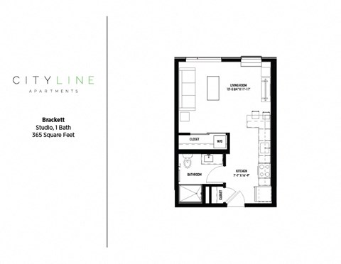 Studio 1 bathroom floor plan Aat CityLine Apartments, Minneapolis, 55406