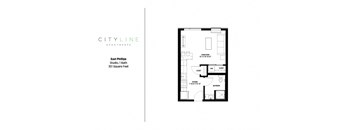 Studio 1 bathroom floor plan H at CityLine Apartments, Minneapolis, 55406