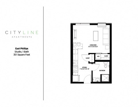 Studio 1 bathroom floor plan H at CityLine Apartments, Minneapolis, 55406