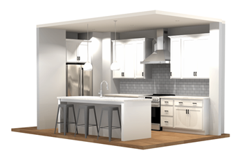 a rendering of a kitchen with white cabinets and a white island