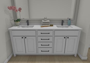 a bathroom with two sinks and a mirror