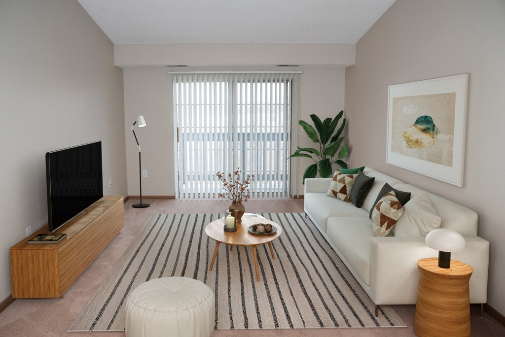 a living room with a white couch and a rug