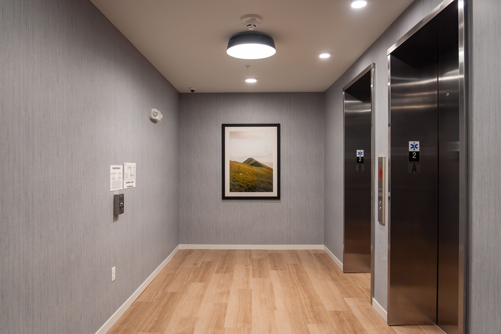 A hallway with a painting hanging on the wall and two elevators.
