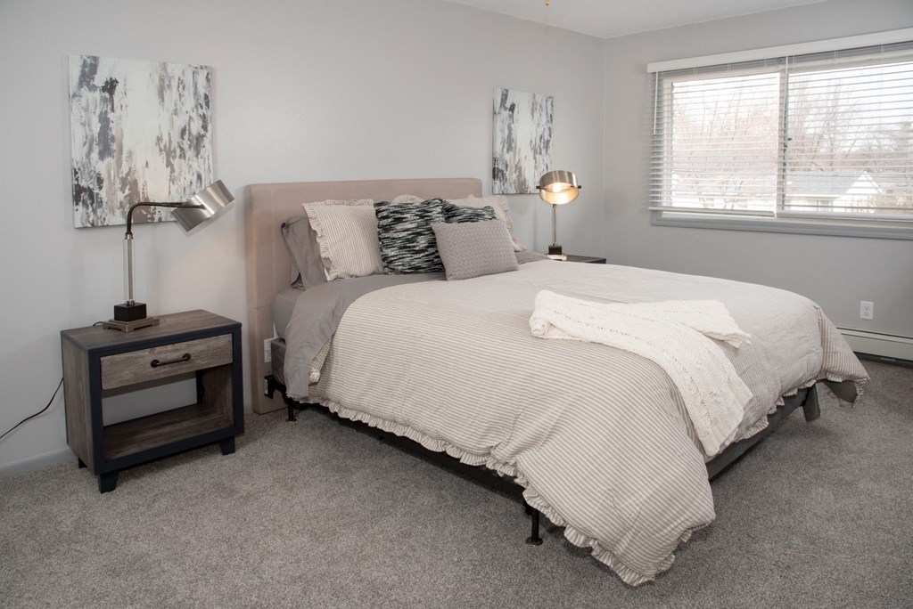 bedroom 2, bed set with night stand and large window