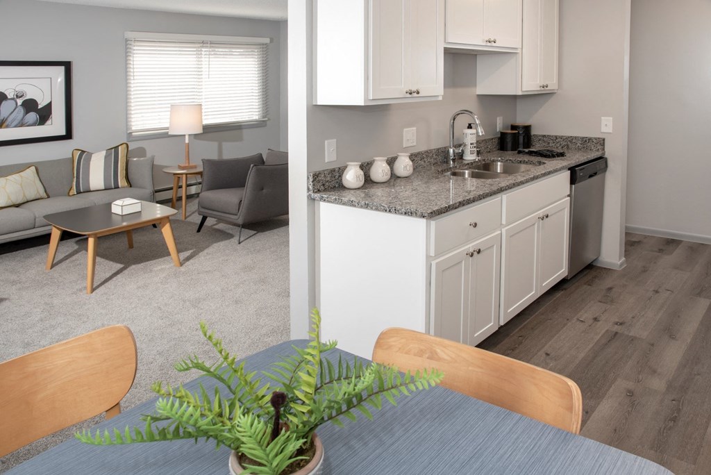 kitchen, dining overlooking living area