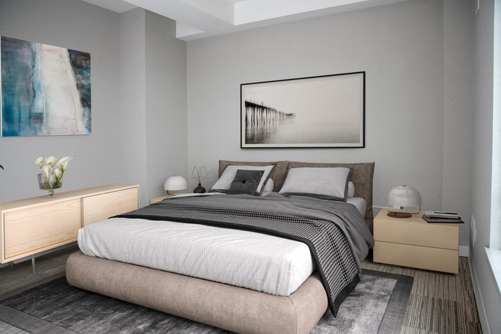 Modern bedroom at Custom House penthouse, St Paul, MN 55101
