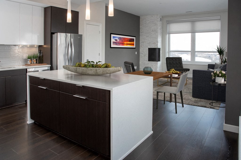 Custom House penthouse staged kitchen living in St Paul, MN