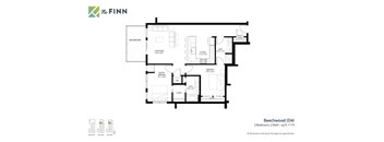 A floor plan for a property by The Finn shows a Beechwood (D4) layout with two bedrooms and two bathrooms.