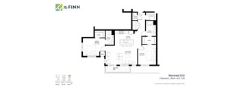 A floor plan for a D5 apartment in Montreal shows two bedrooms, two bathrooms, and a living area.