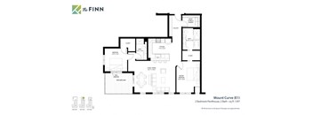 A floor plan for a property by The Finn shows a 2 bedroom penthouse with a bathroom and a living room.