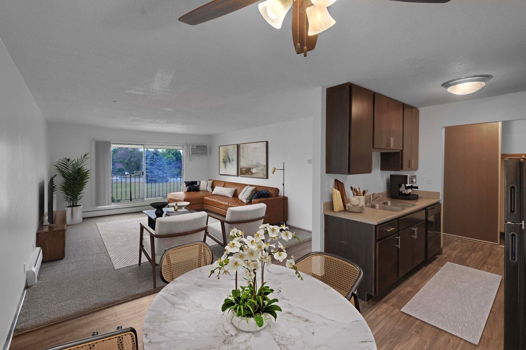 our apartments showcase a beautiful kitchen and living room