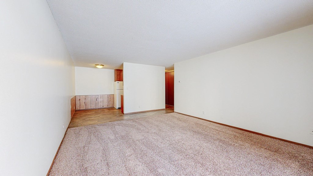 a bedroom with a carpeted floor and white walls