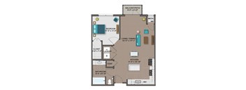 A floor plan of a house with a balcony, a bedroom, a bathroom, a kitchen, a living room, a dining room, and a closet.