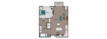 A floor plan of a house with a balcony, two bathrooms, a kitchen, a living room, and a bedroom.
