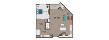 A floor plan of a house with a bedroom, bathroom, laundry, and kitchen.