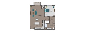 A floor plan of a house with a kitchen, living room, and bathroom.