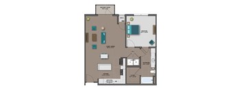 A floor plan of a house with a kitchen, living room, and bathroom.