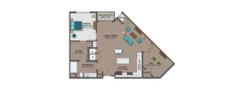 A floor plan of a house with a primary bedroom, living/dining area, kitchen, bathroom, and closet.