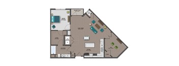 A floor plan of a house with a kitchen, living room, and dining area.