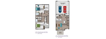 A diagram of a two-story townhouse unit plan with labeled rooms and dimensions.