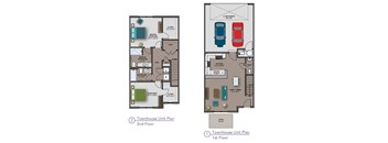 Two floor plan of a townhouse with labeled rooms.