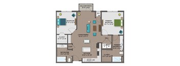 A floor plan of a house with a balcony, two bedrooms, a living area, a dining area, a kitchen, a bathroom, a laundry room, and a coat closet.