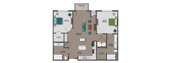 A floor plan of a house with a balcony, kitchen, and bathrooms.