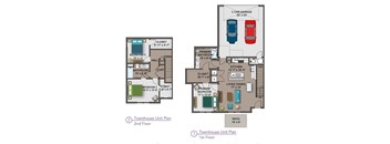 A diagram of a two-story townhouse with detailed floor plans.