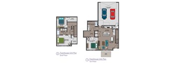 A diagram of a two-story townhouse with labeled rooms.