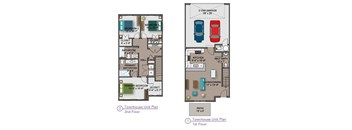 A diagram of a two-story townhouse with labeled rooms and dimensions.