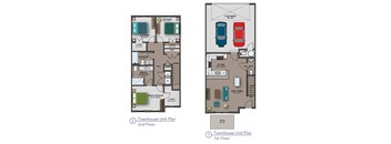 A diagram of a two-story townhouse with plans for both the first and second floors.