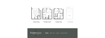 A set of three floor plans for a house with a site plan.