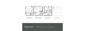 A set of four floor plans for a home with three bedrooms and two bathrooms.