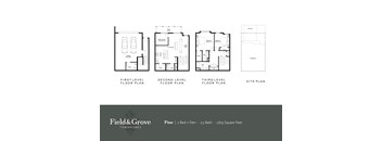A set of three house plans are shown, one for the first level, one for the second level, and one for the third level.