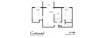 A floor plan for a Continental Apartments apartment named Flynn with two bedrooms and one bathroom.