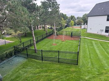 a backyard with a fence and a yard with trees