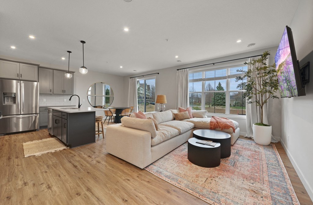 a living room with a couch and a table