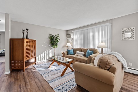 A living room with a brown couch and a wooden cabinet.