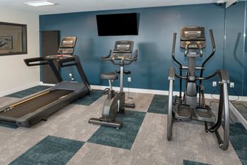 a room filled with cardio equipment and a flat screen tv