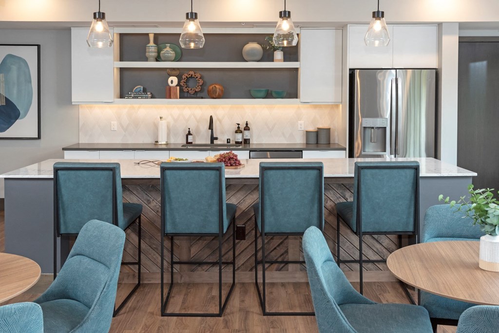 Fitted Kitchen With Island Dining at Grove80 Apartments, Cottage Grove, Minnesota