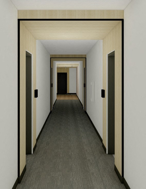 a corridor with doors and a carpeted floor  at The Ansel Residences, Minnesota, 55126
