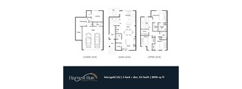 A diagram shows the layout of a three-bedroom, two-bathroom apartment.