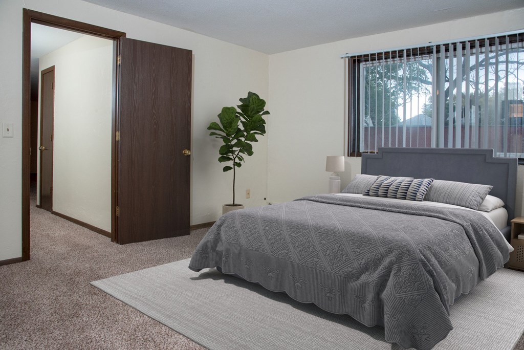 A bedroom with a bed, a plant, and a window.