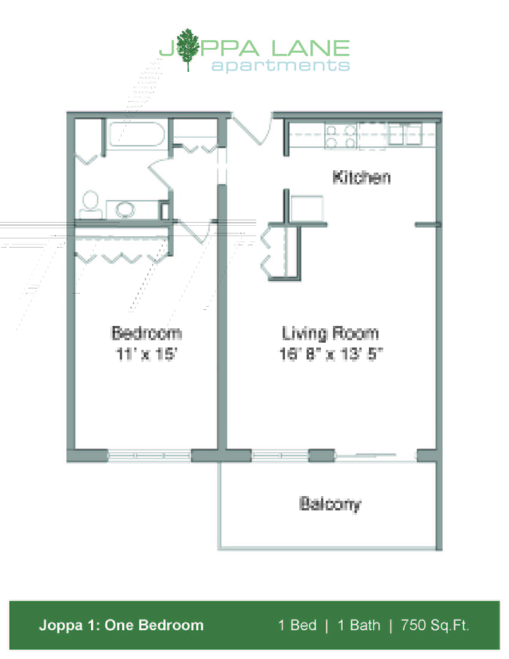A floor plan for a one bedroom apartment with a balcony.