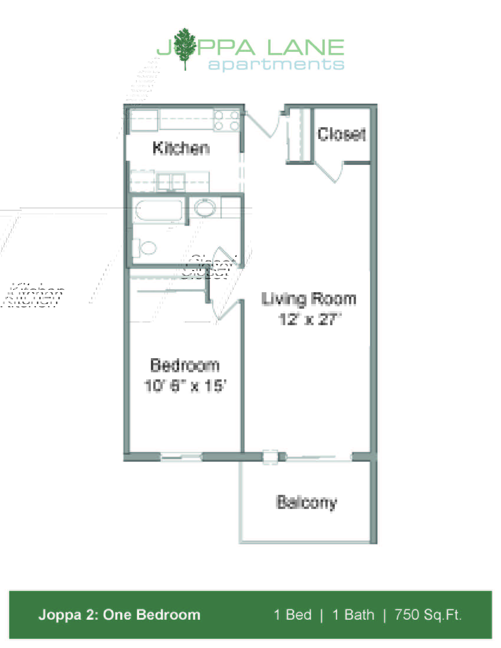 A floor plan for a one bedroom apartment with a balcony.